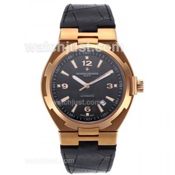 Vacheron Constantin Overseas Swiss ETA 2836 Movement Rose Gold Case with Black Dial-Leather Strap