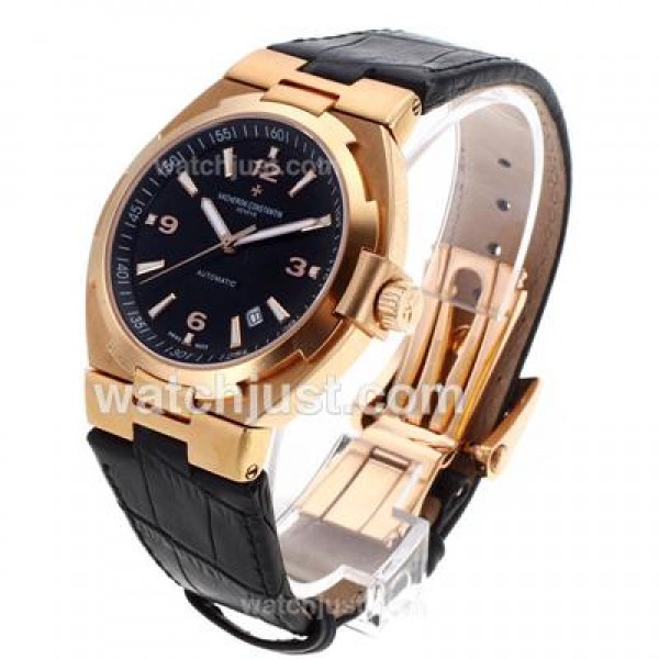 Vacheron Constantin Overseas Swiss ETA 2836 Movement Rose Gold Case with Black Dial-Leather Strap