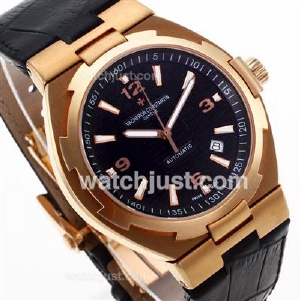 Vacheron Constantin Overseas Swiss ETA 2836 Movement Rose Gold Case with Black Dial-Leather Strap