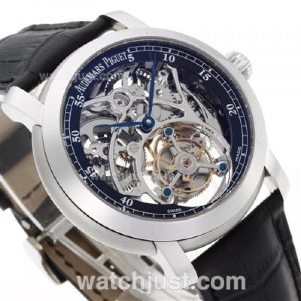 Swiss Movement Audemars Piguet Jules Audemars Skeleton Working Tourbillon Manual Winding Fake Watches With Black Dial-Leather Strap