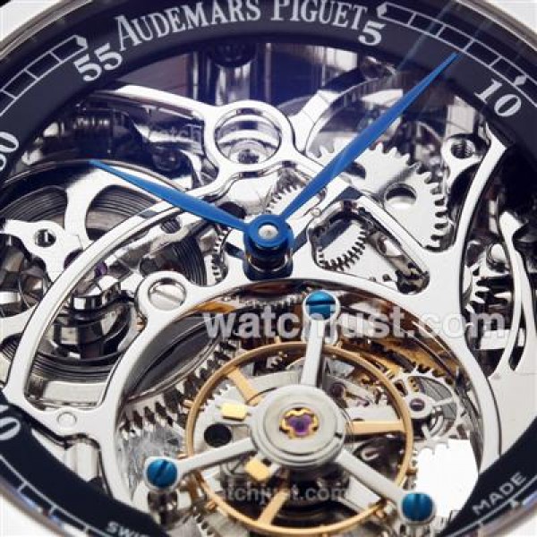 Swiss Movement Audemars Piguet Jules Audemars Skeleton Working Tourbillon Manual Winding Fake Watches With Black Dial-Leather Strap