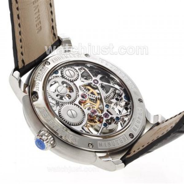 Swiss Movement Audemars Piguet Jules Audemars Skeleton Working Tourbillon Manual Winding Fake Watches With Black Dial-Leather Strap