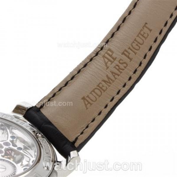 Swiss Movement Audemars Piguet Jules Audemars Skeleton Working Tourbillon Manual Winding Fake Watches With Black Dial-Leather Strap