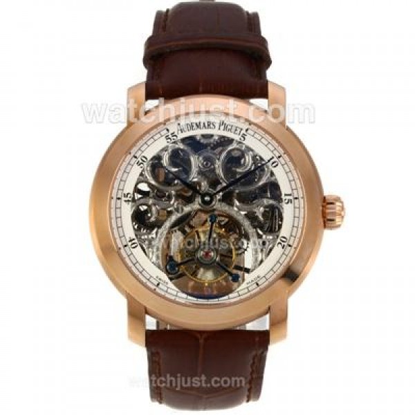 UK Perfect Replica Audemars Piguet Jules Audemars Skeleton Working Tourbillon Manual Winding Rose Gold Case with White Dial-Leather Strap
