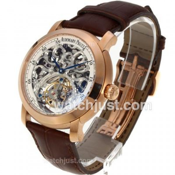 UK Perfect Replica Audemars Piguet Jules Audemars Skeleton Working Tourbillon Manual Winding Rose Gold Case with White Dial-Leather Strap