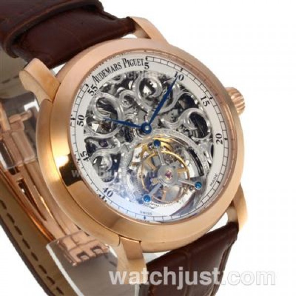 UK Perfect Replica Audemars Piguet Jules Audemars Skeleton Working Tourbillon Manual Winding Rose Gold Case with White Dial-Leather Strap