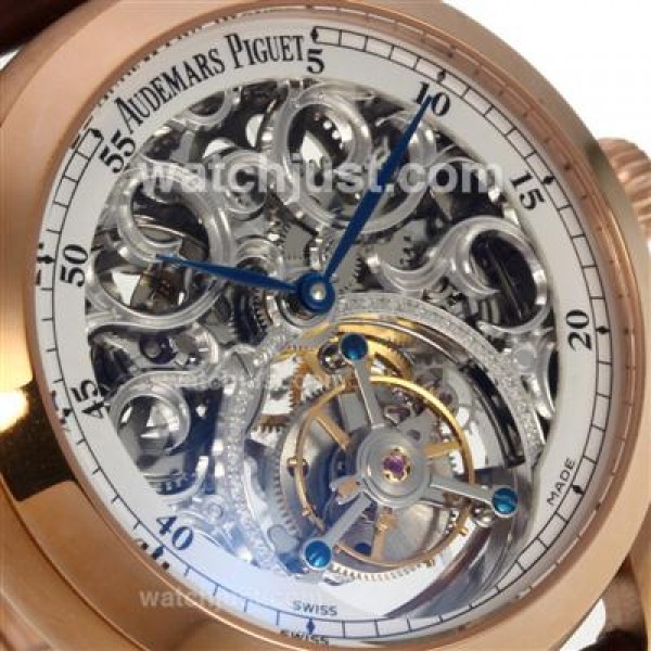 UK Perfect Replica Audemars Piguet Jules Audemars Skeleton Working Tourbillon Manual Winding Rose Gold Case with White Dial-Leather Strap