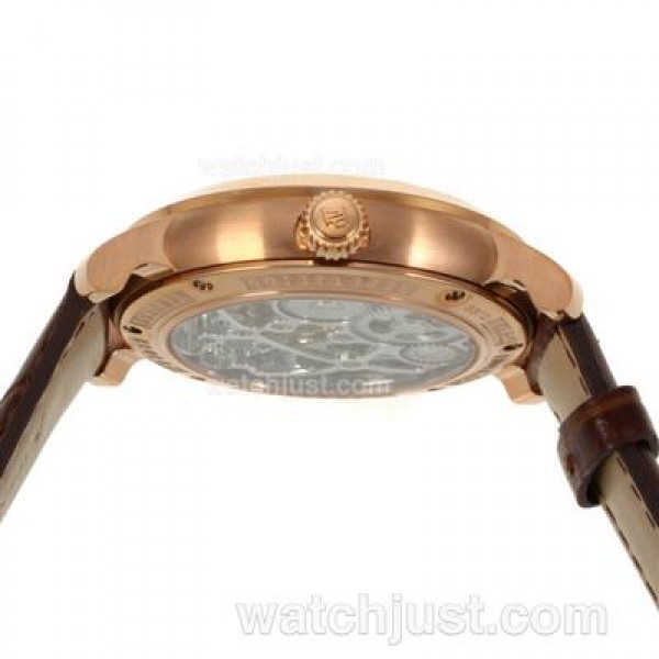 UK Perfect Replica Audemars Piguet Jules Audemars Skeleton Working Tourbillon Manual Winding Rose Gold Case with White Dial-Leather Strap