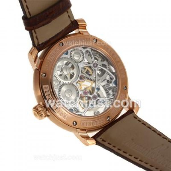 UK Perfect Replica Audemars Piguet Jules Audemars Skeleton Working Tourbillon Manual Winding Rose Gold Case with White Dial-Leather Strap
