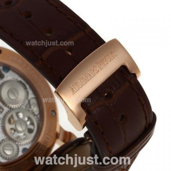 UK Perfect Replica Audemars Piguet Jules Audemars Skeleton Working Tourbillon Manual Winding Rose Gold Case with White Dial-Leather Strap