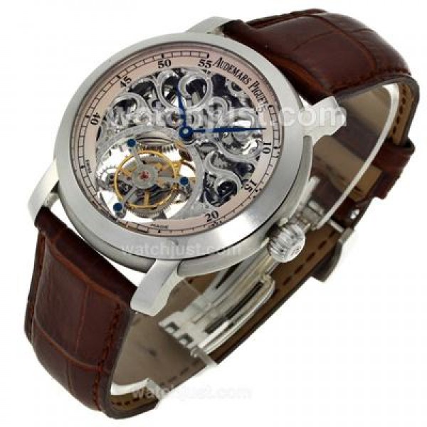 Audemars Piguet Jules Audemars Skeleton Working Tourbillon Manual Winding with White Dial-Leather Strap