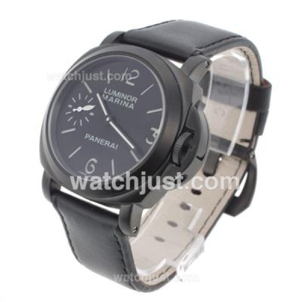 Panerai Luminor Marina Unitas 6497 Movement Swan Neck PVD Case with Black Dial-Leather Strap