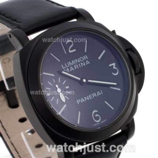 Panerai Luminor Marina Unitas 6497 Movement Swan Neck PVD Case with Black Dial-Leather Strap