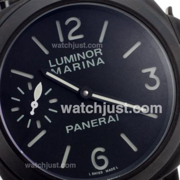 Panerai Luminor Marina Unitas 6497 Movement Swan Neck PVD Case with Black Dial-Leather Strap