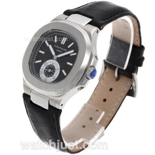 Patek Philippe Nautilus Automatic with Black Dial-Leather Strap