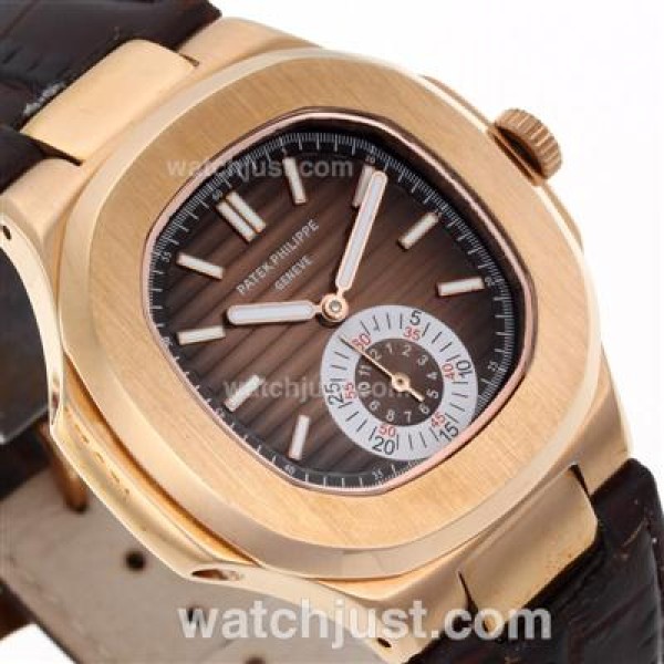 Patek Philippe Nautilus Automatic Rose Gold Case with Brown Dial-Leather Strap