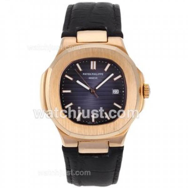 Patek Philippe Nautilus Rose Gold Case with Blue Dial-Leather Strap
