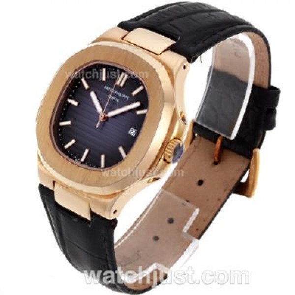 Patek Philippe Nautilus Rose Gold Case with Blue Dial-Leather Strap