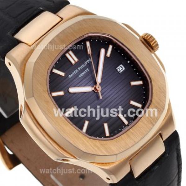 Patek Philippe Nautilus Rose Gold Case with Blue Dial-Leather Strap