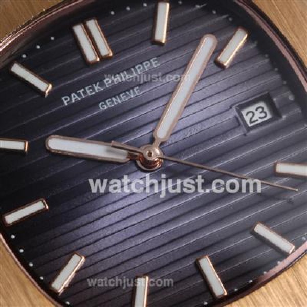 Patek Philippe Nautilus Rose Gold Case with Blue Dial-Leather Strap