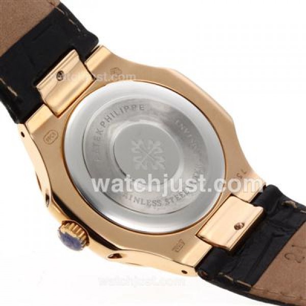 Patek Philippe Nautilus Rose Gold Case with Blue Dial-Leather Strap