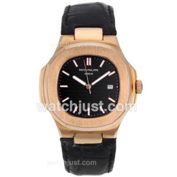 Patek Philippe Nautilus Rose Gold Case with Black Dial-Leather Strap
