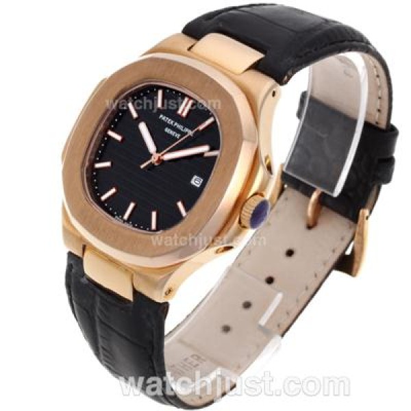 Patek Philippe Nautilus Rose Gold Case with Black Dial-Leather Strap