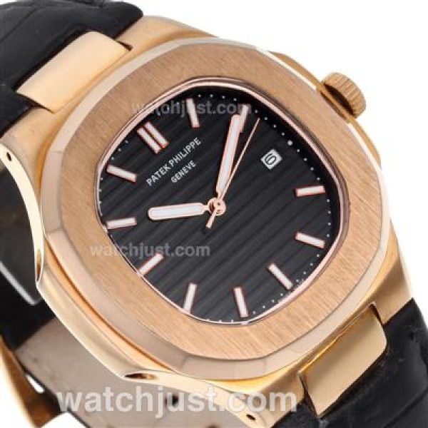 Patek Philippe Nautilus Rose Gold Case with Black Dial-Leather Strap