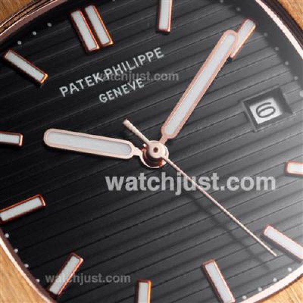 Patek Philippe Nautilus Rose Gold Case with Black Dial-Leather Strap