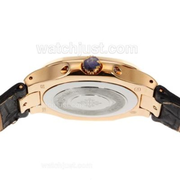 Patek Philippe Nautilus Rose Gold Case with Black Dial-Leather Strap