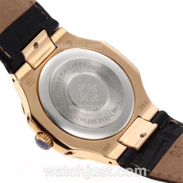 Patek Philippe Nautilus Rose Gold Case with Black Dial-Leather Strap