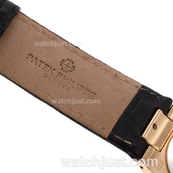 Patek Philippe Nautilus Rose Gold Case with Black Dial-Leather Strap