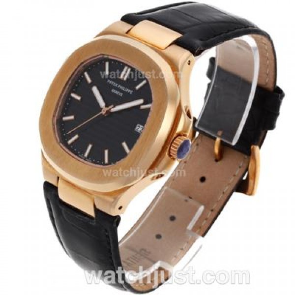 Patek Philippe Nautilus Automatic Rose Gold Case with Black Dial-Leather Strap