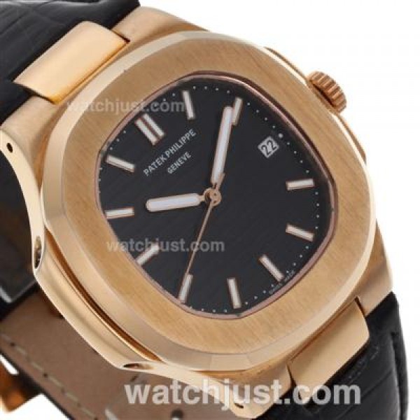 Patek Philippe Nautilus Automatic Rose Gold Case with Black Dial-Leather Strap