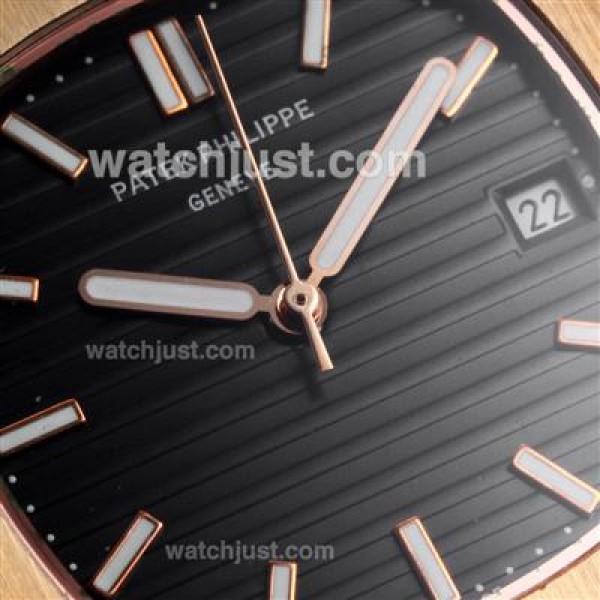 Patek Philippe Nautilus Automatic Rose Gold Case with Black Dial-Leather Strap