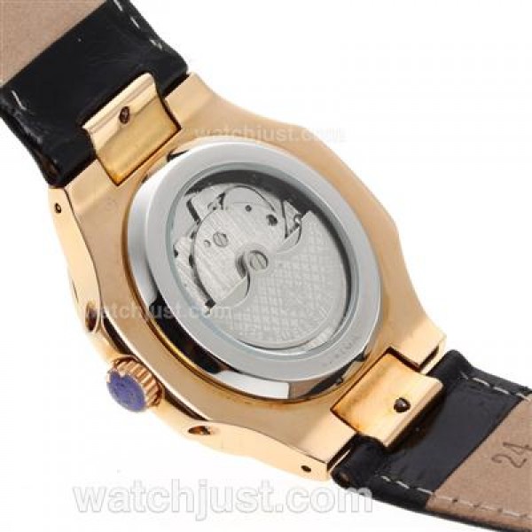Patek Philippe Nautilus Automatic Rose Gold Case with Black Dial-Leather Strap