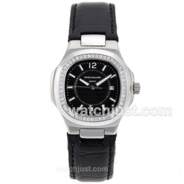 Patek Philippe Nautilus Diamond Bezel with Black Dial-Leather Strap