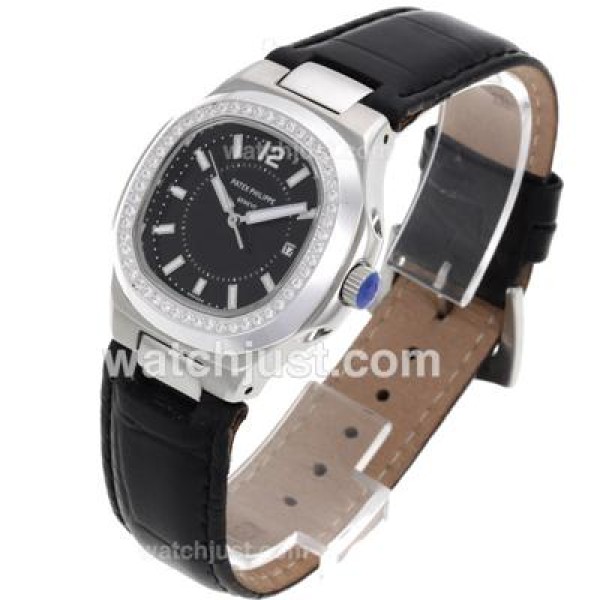 Patek Philippe Nautilus Diamond Bezel with Black Dial-Leather Strap