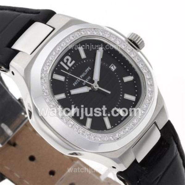 Patek Philippe Nautilus Diamond Bezel with Black Dial-Leather Strap