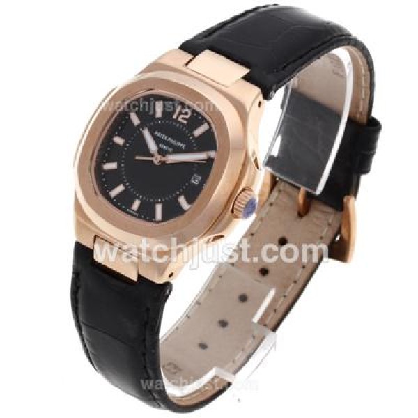 Patek Philippe Nautilus Rose Gold Case with Black Dial-Leather Strap
