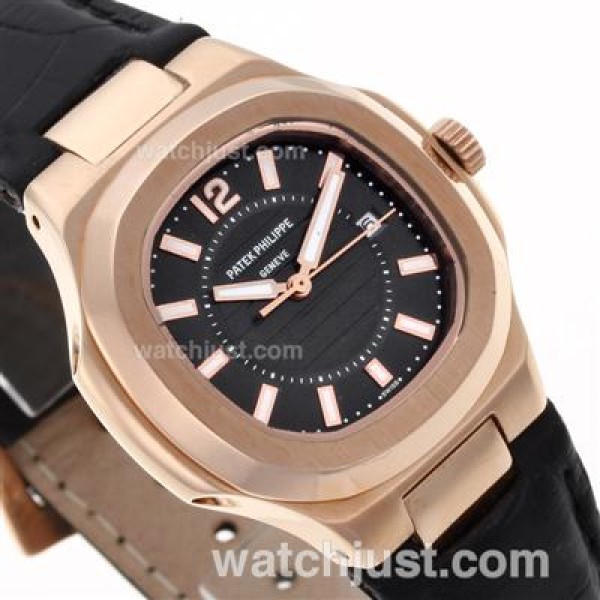 Patek Philippe Nautilus Rose Gold Case with Black Dial-Leather Strap