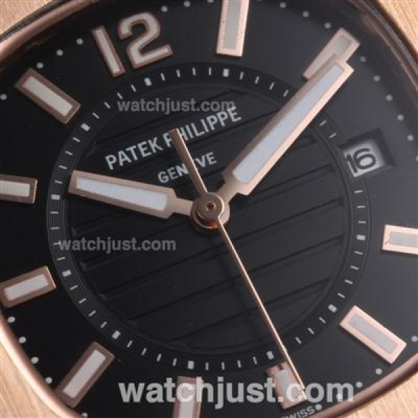 Patek Philippe Nautilus Rose Gold Case with Black Dial-Leather Strap