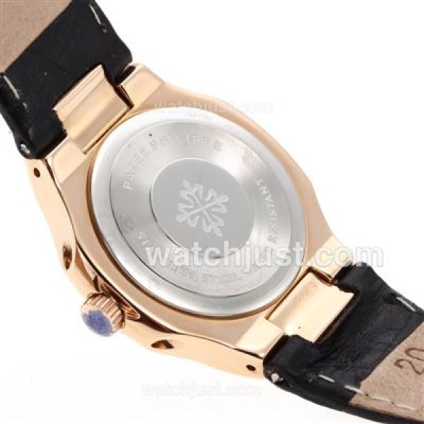 Patek Philippe Nautilus Rose Gold Case with Black Dial-Leather Strap