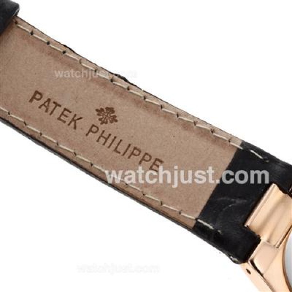 Patek Philippe Nautilus Rose Gold Case with Black Dial-Leather Strap