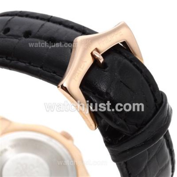 Patek Philippe Nautilus Rose Gold Case with Black Dial-Leather Strap