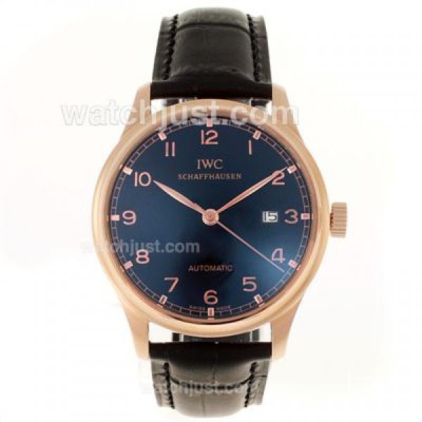 IWC Portuguese Automatic Number Markers Rose Gold Case with Black Dial-Leather Strap