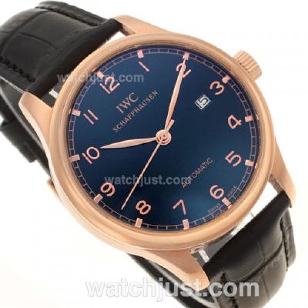 IWC Portuguese Automatic Number Markers Rose Gold Case with Black Dial-Leather Strap