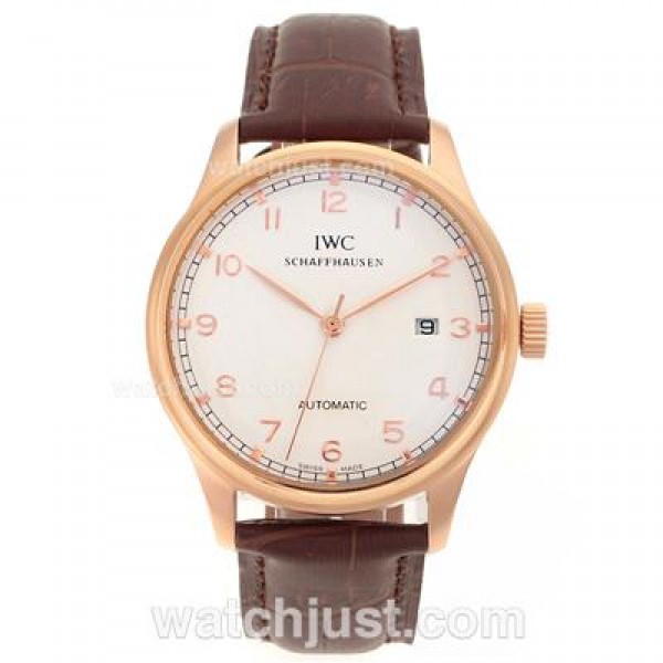 IWC Portuguese Automatic Number Markers Rose Gold Case with White Dial-Leather Strap