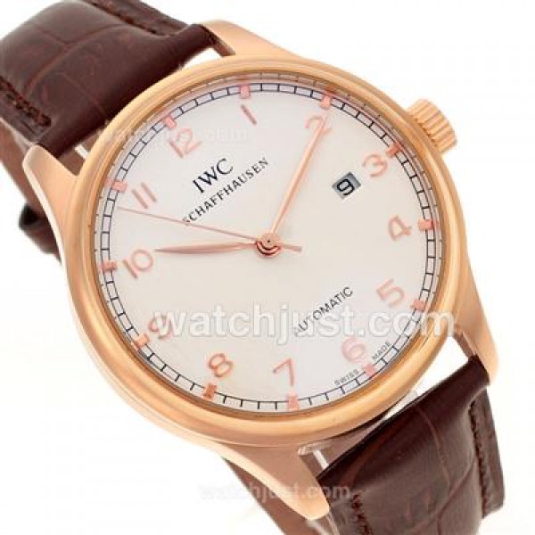 IWC Portuguese Automatic Number Markers Rose Gold Case with White Dial-Leather Strap