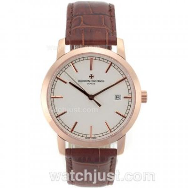 Vacheron Constantin Malte Swiss ETA 2824 Movement Rose Gold Case with White Dial-Leather Strap